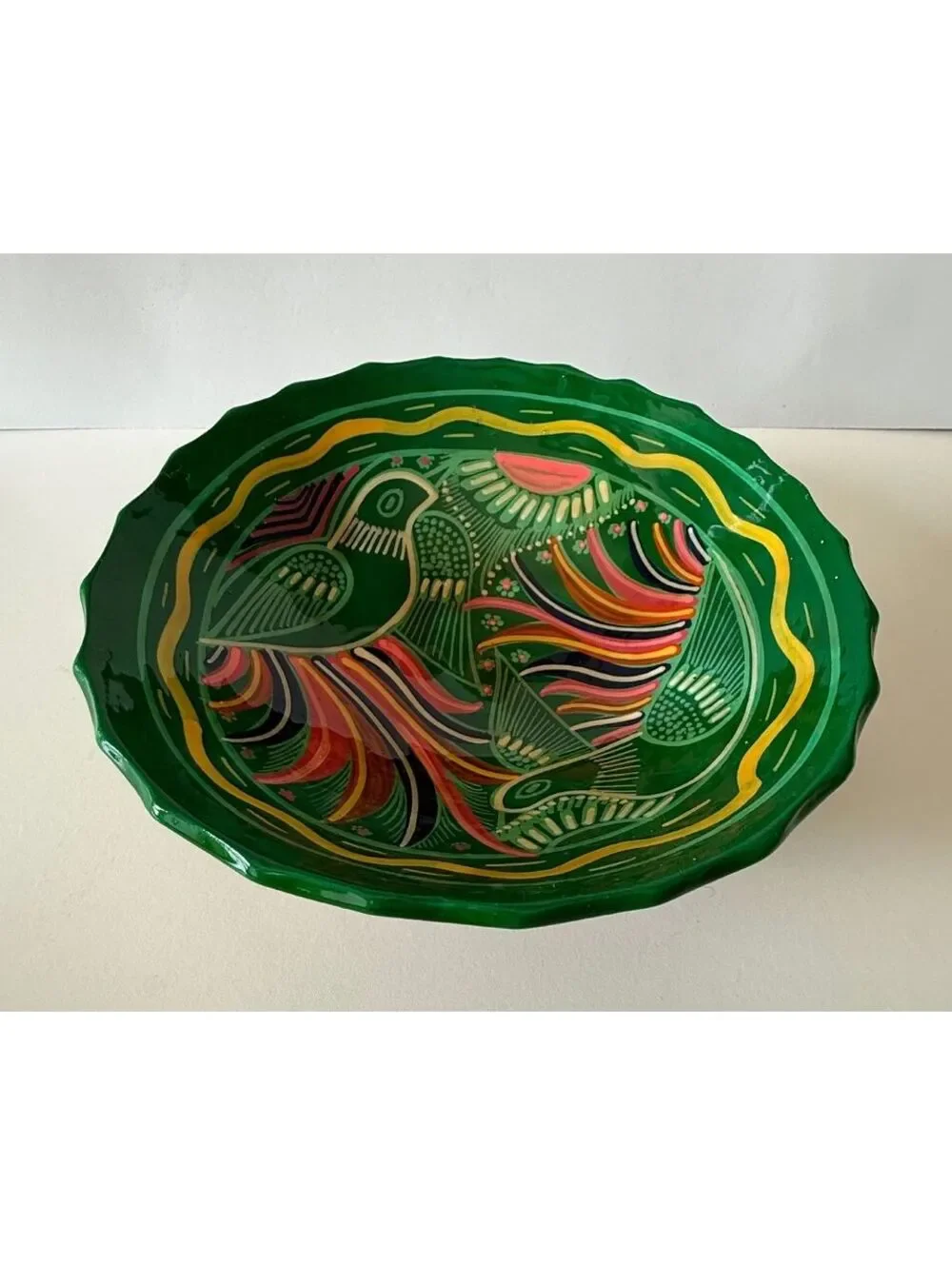 Vintage Mexican Tonala Style Hand Painted Pottery Bird Bowl Green 8” Folk Art